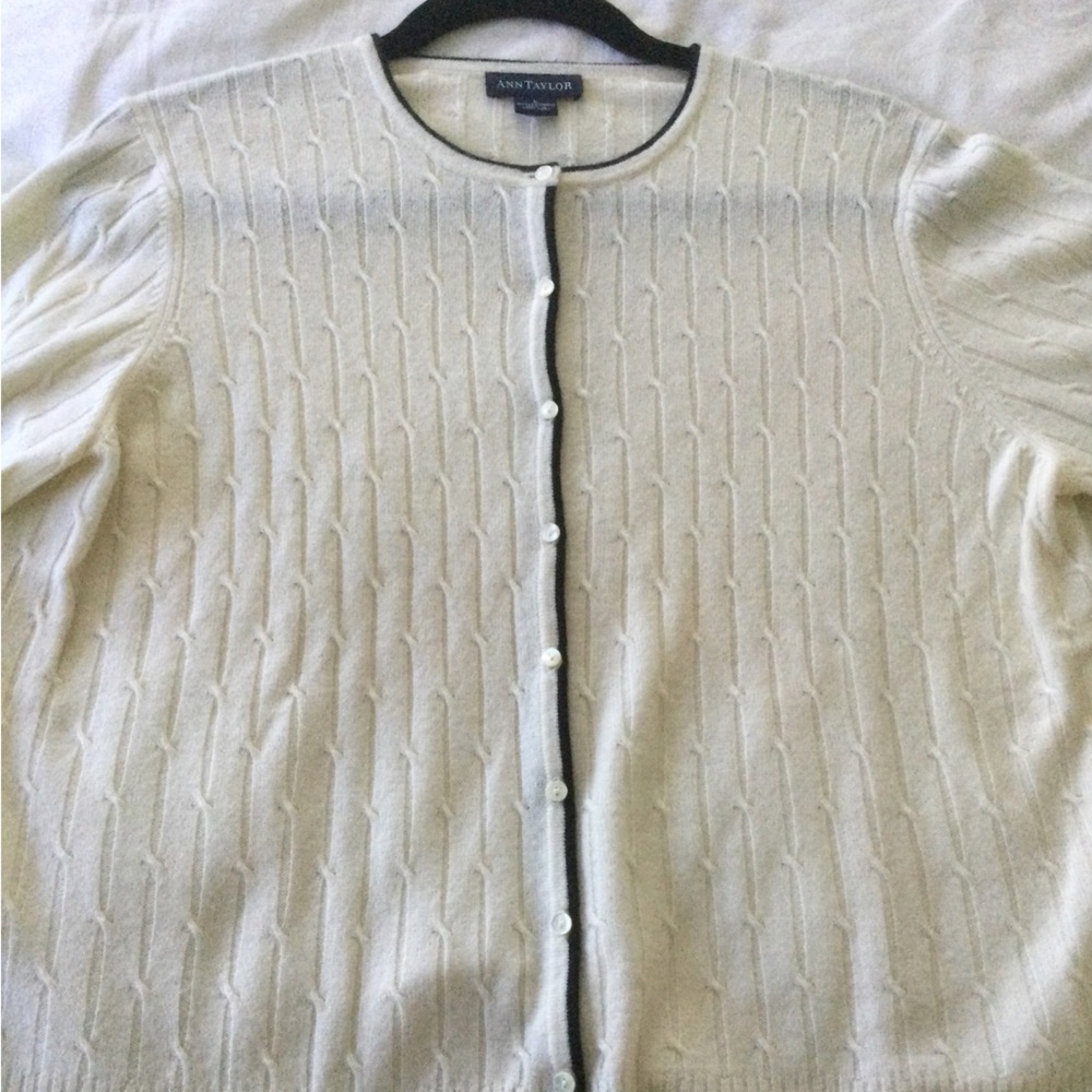 EUC Ann Taylor cashmere black tipped ivory sweater set. Size large. - Picture 5 of 11